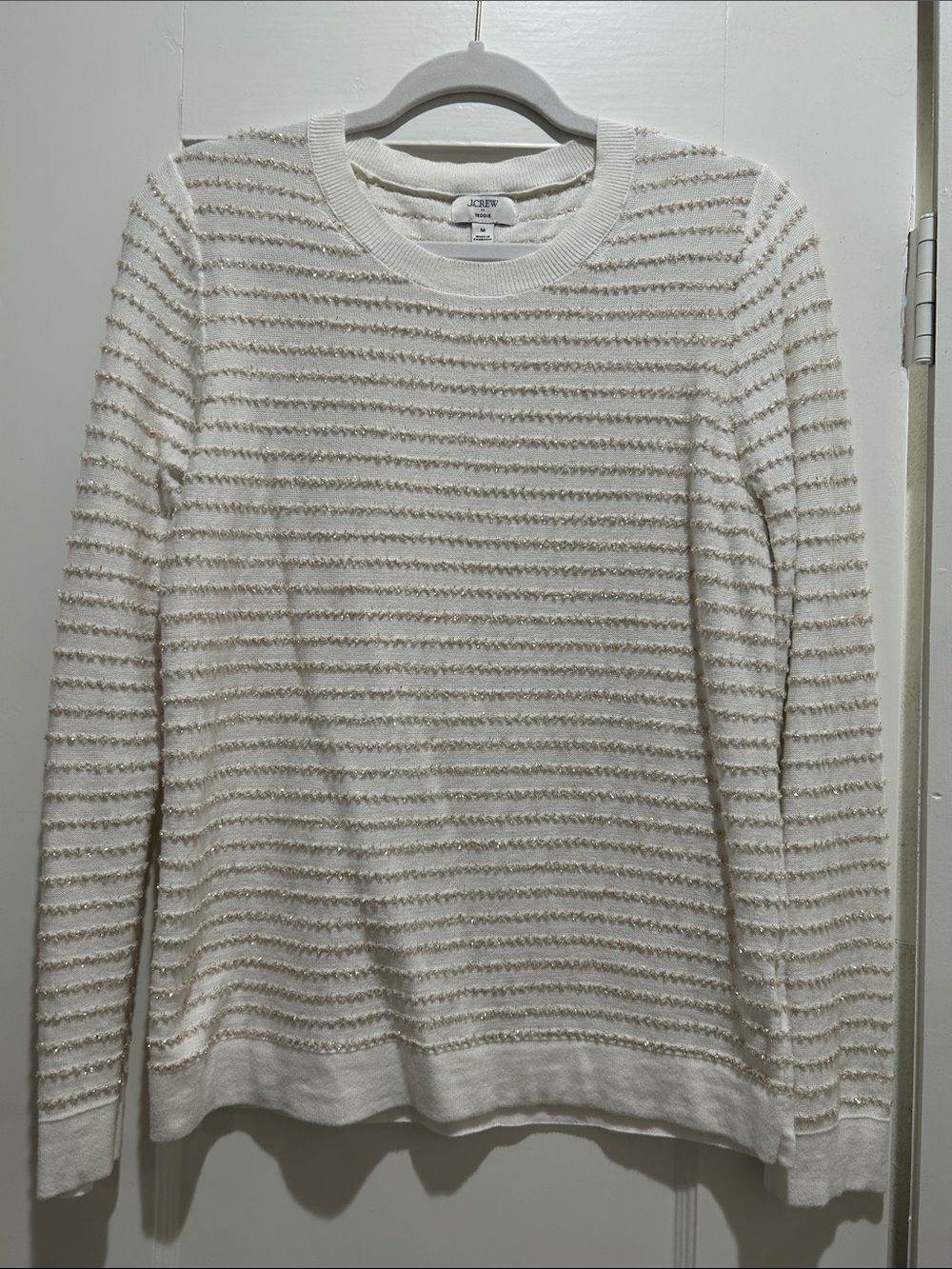 J. Crew Cream and Gold Textured Stripe Crewneck Sweater